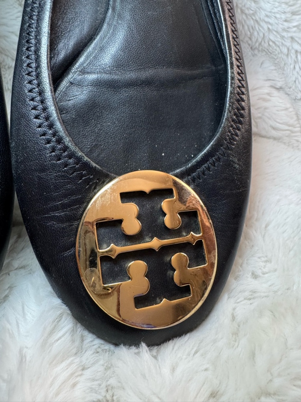 Tory Burch Black Leather Ballet Flats with Gold Logo Medallions - Picture 6 of 7